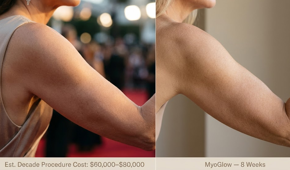 Split image: celebrity red carpet arm estimated decade cost vs MyoGlow user 8-week result