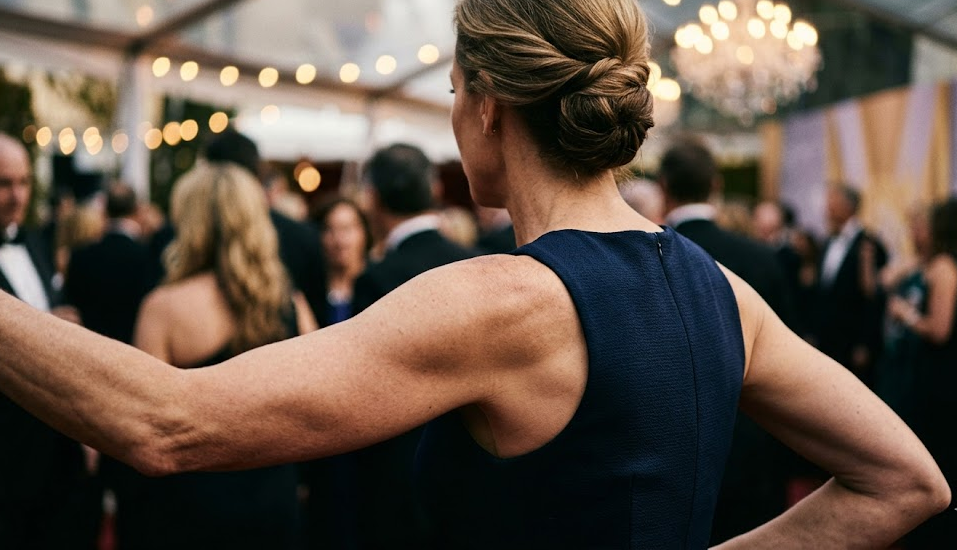 Red carpet candid, female celebrity over 45, sleeveless dress, arms visibly firm and defined