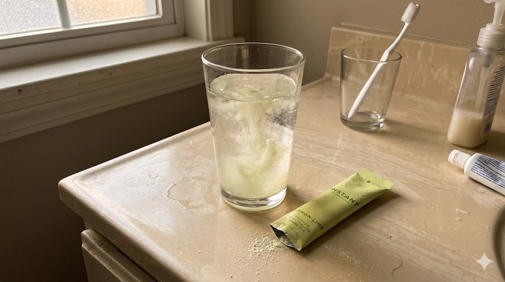 A glass of water with an Instant Hydration packet dissolving on a bathroom counter, warm morning light