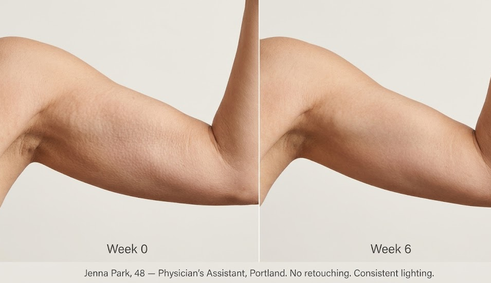 Jenna Park, 48, Physician's Assistant, Portland. Week 0 and Week 6. No retouching. Consistent lighting.