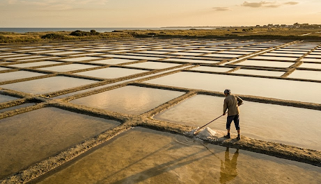 Aerial photograph of Brittany salt marshes at golden hour, oeillets visible, worker with wooden rake