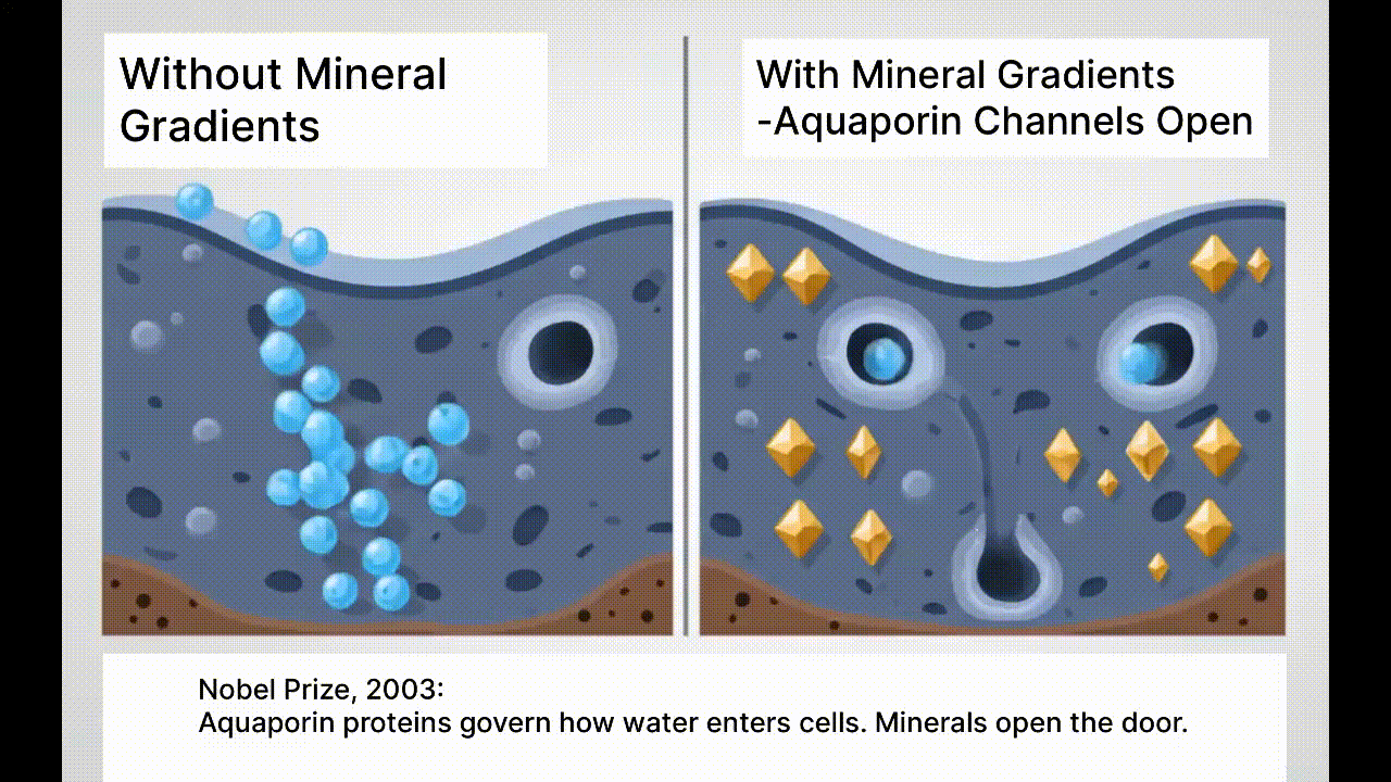 Animated diagram showing aquaporin channels in cell membrane opening with mineral gradient present