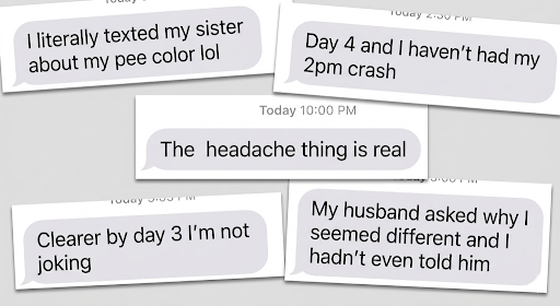 Screenshot-style composite of customer messages about Instant Hydration results