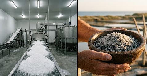 Split frame: industrial salt processing facility on left, wooden bowl of dark grey sel gris on right