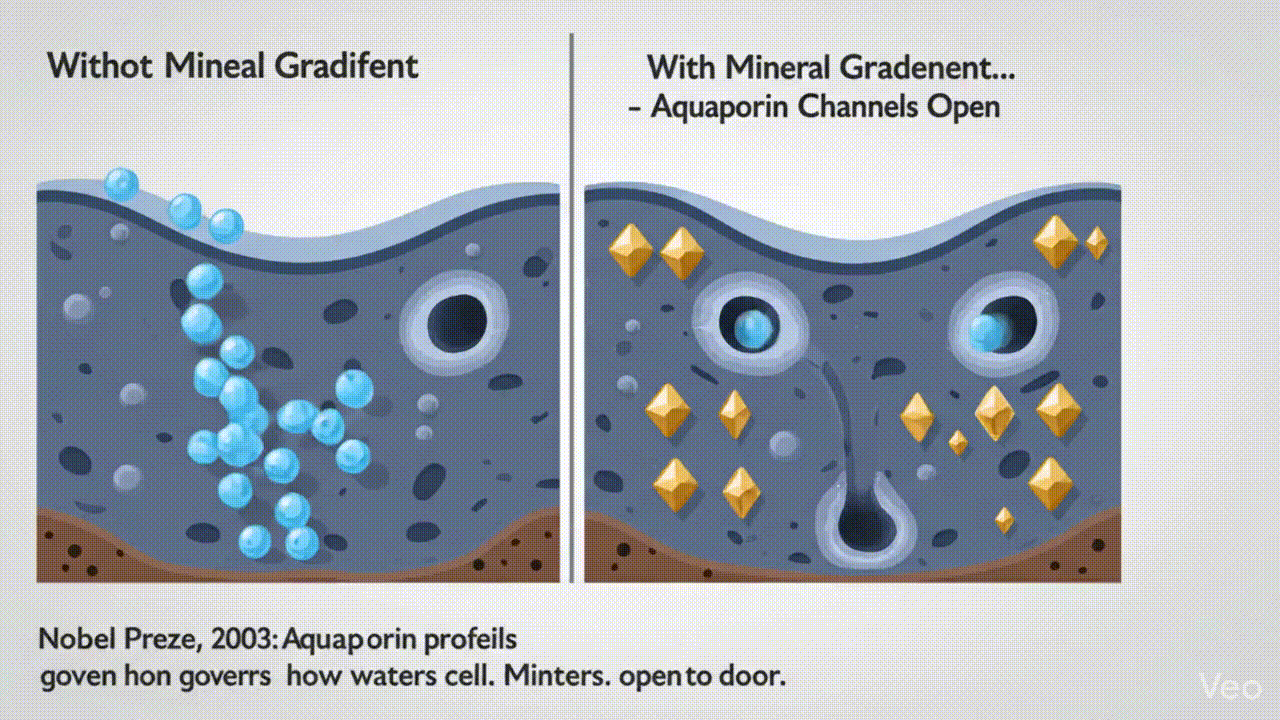Cell membrane diagram showing aquaporin channels opening with mineral gradient present