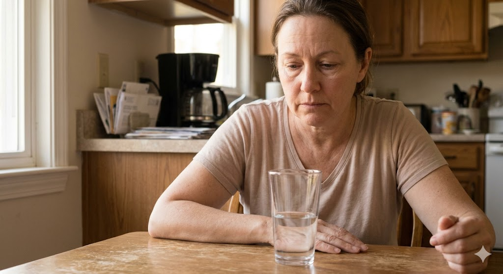 A person sitting at a kitchen table, early morning light, glass of water in front of them